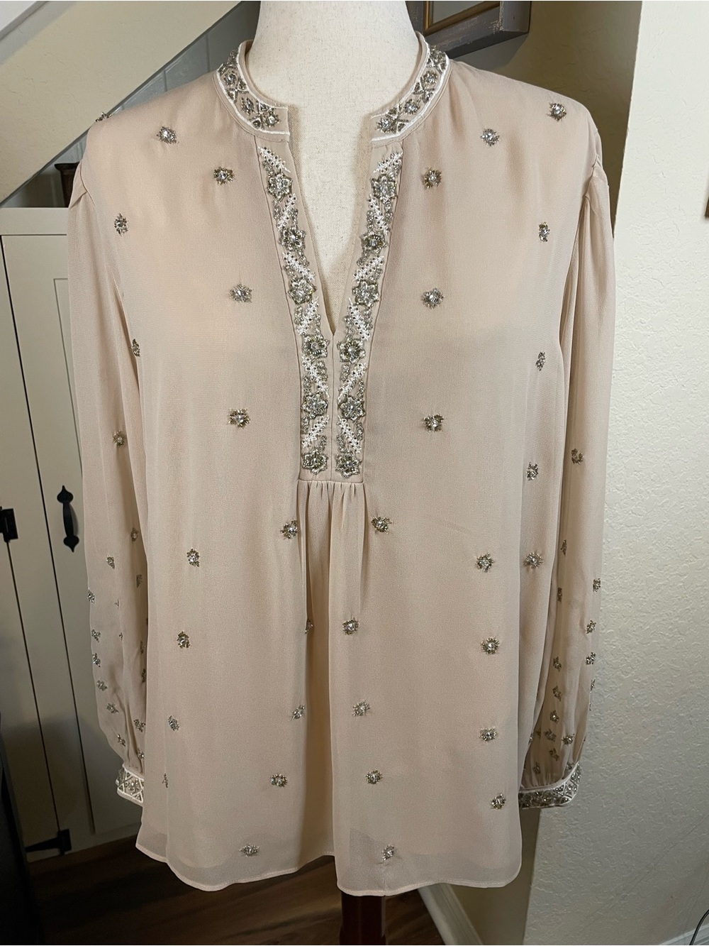 CHICO’S | Embellished Beaded Chiffon Tunic Blouse Champagne Long Sleeve | XL/3